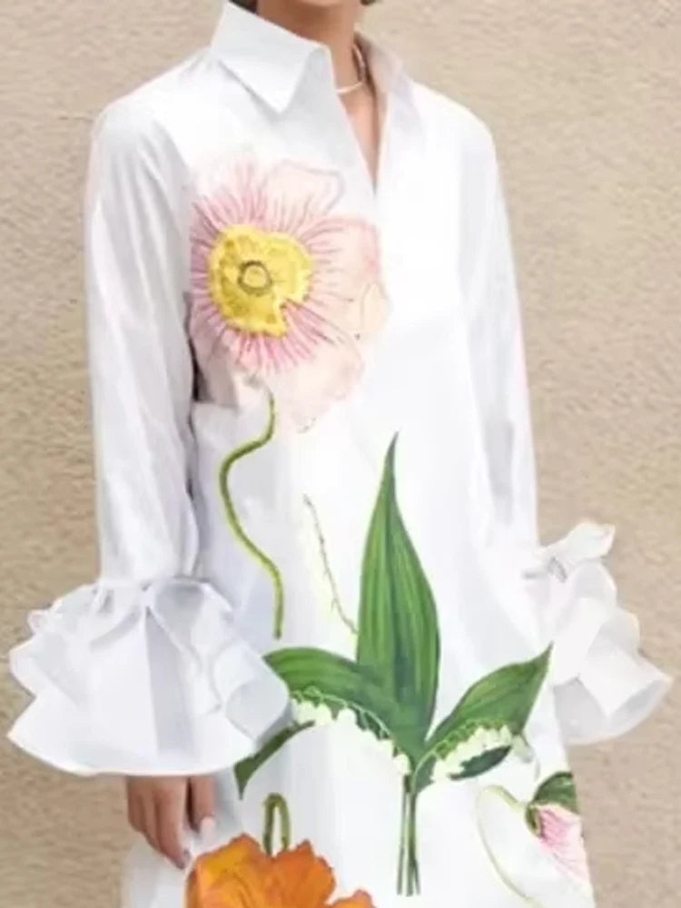 Womens Flower Printed Shirts Dress Elengant 2025 Fall Summer Spring Party Prom Wedding White Dresses Clothing for Woman