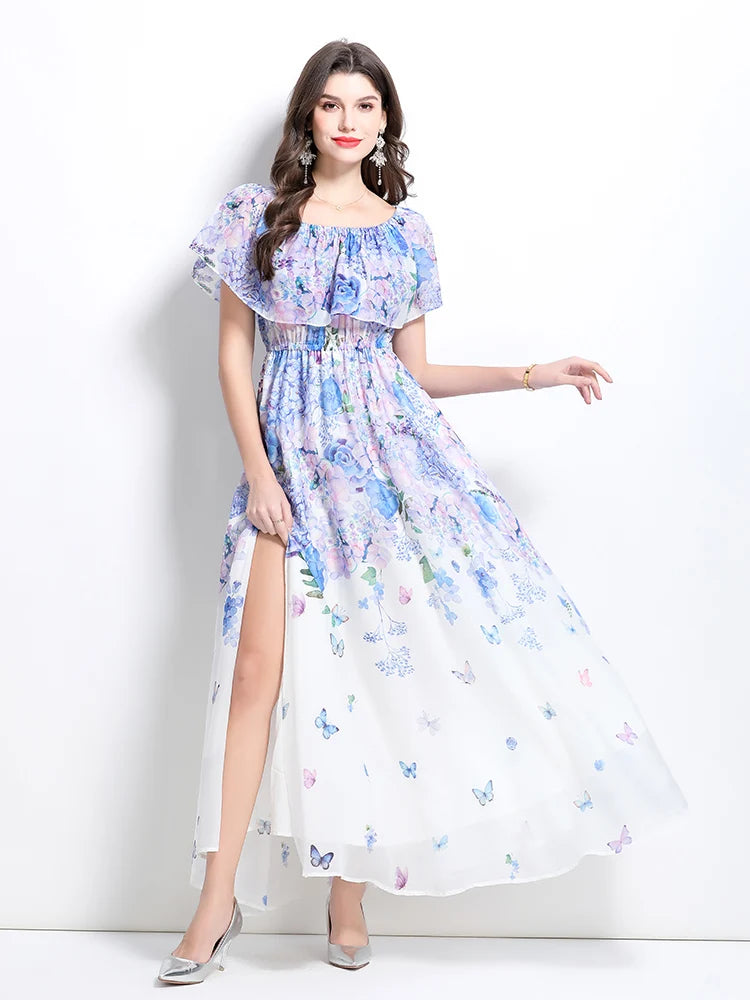 Summer French Floral Chiffon Dress Women Off Shoulder Slim High Quality Sheer Elastic Spring Vacation Print Ruffles Long Dresses