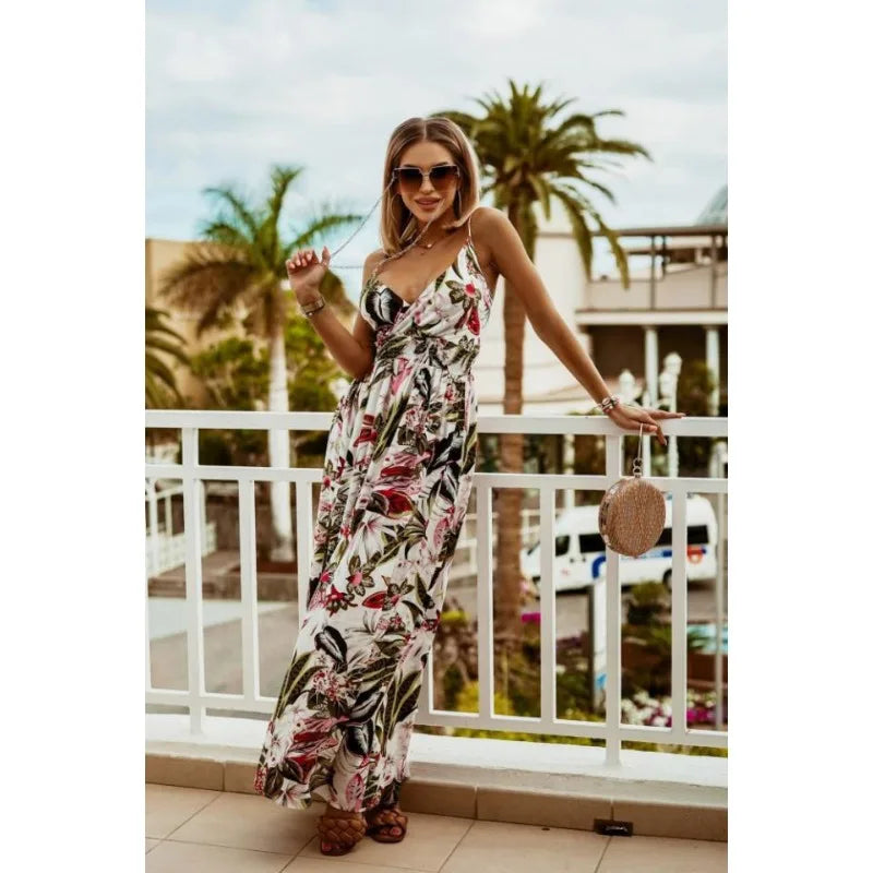 Spring Summer Elegant Women Corset Bohemian Dress Sexy New 2024 Fashion Strap V Neck High Waist Print Long Vacation Dress