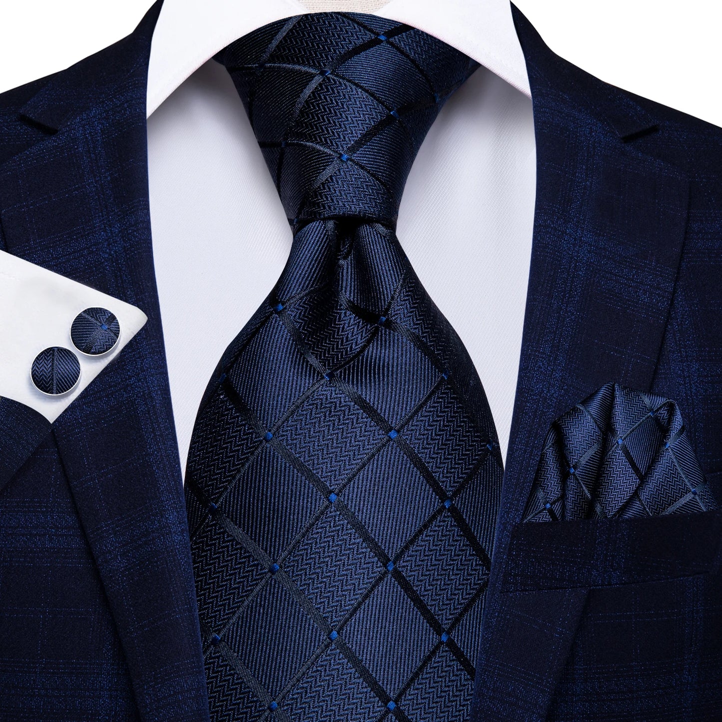 Hi-Tie Designer Silk Wedding Tie For Men Blue White Plaid Handky Cufflink Set Fashion Necktie For Men Business Party Wholesale