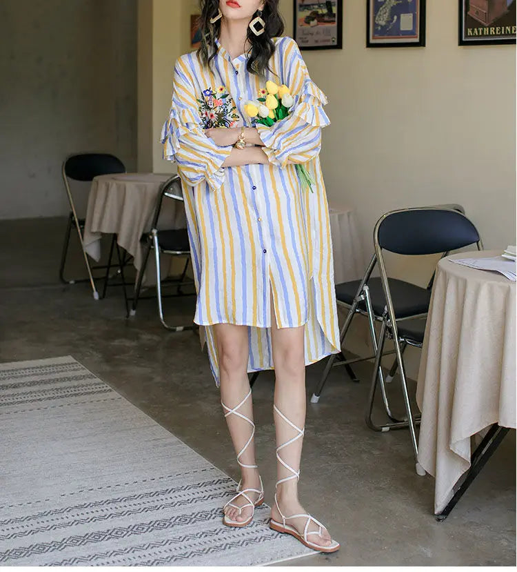 Spring Summer Floral Embroidery Dresses Contrasting Colors Striped Female Single-breasted Ruffles Spliced Straight Midi Dress