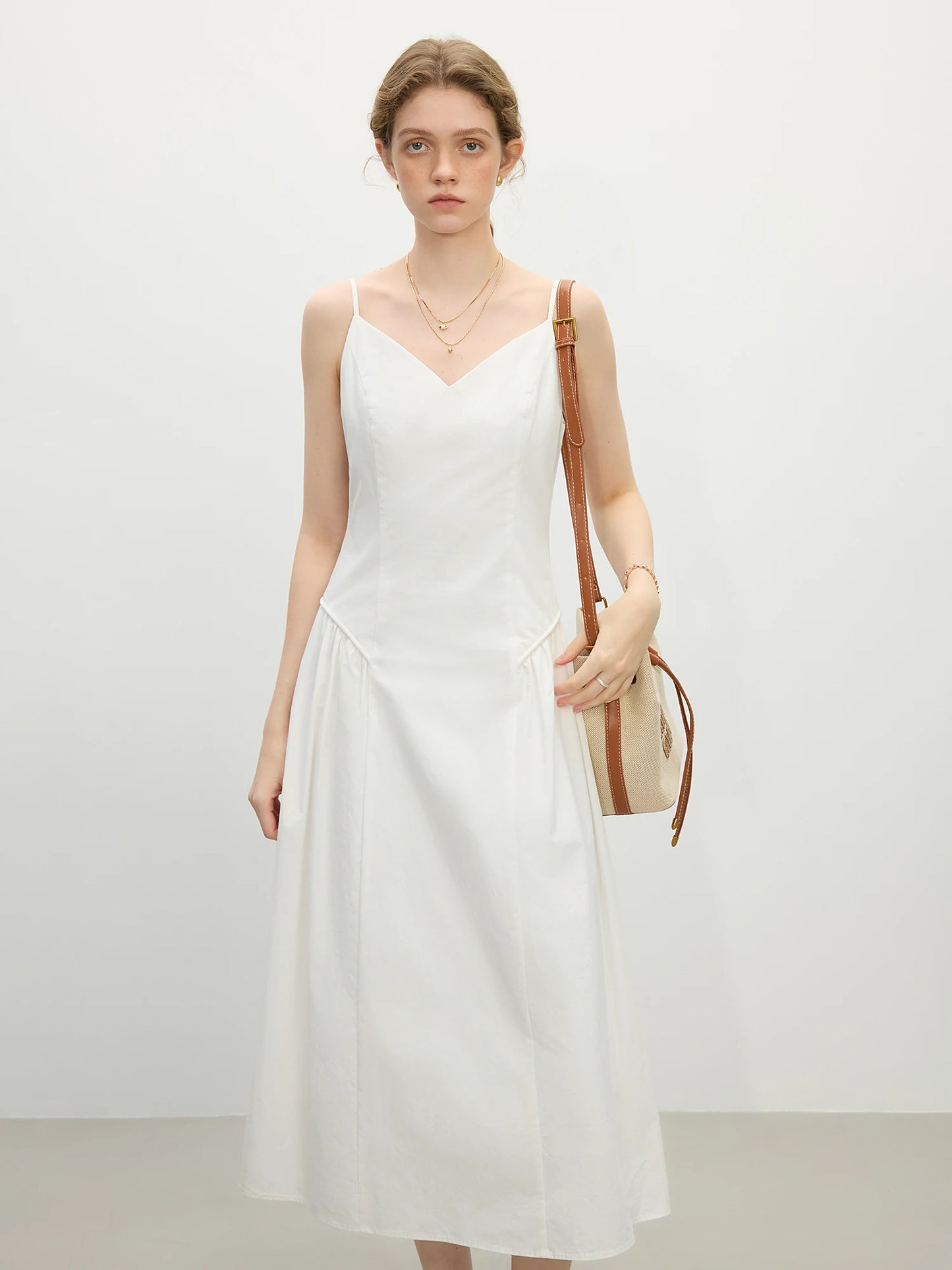 FSLE【4 Colors】Women Spring Strappy Dress 100% Cotton Temperament Simple A-LINE Dresses 2025 Spring White Dress 25FS11073