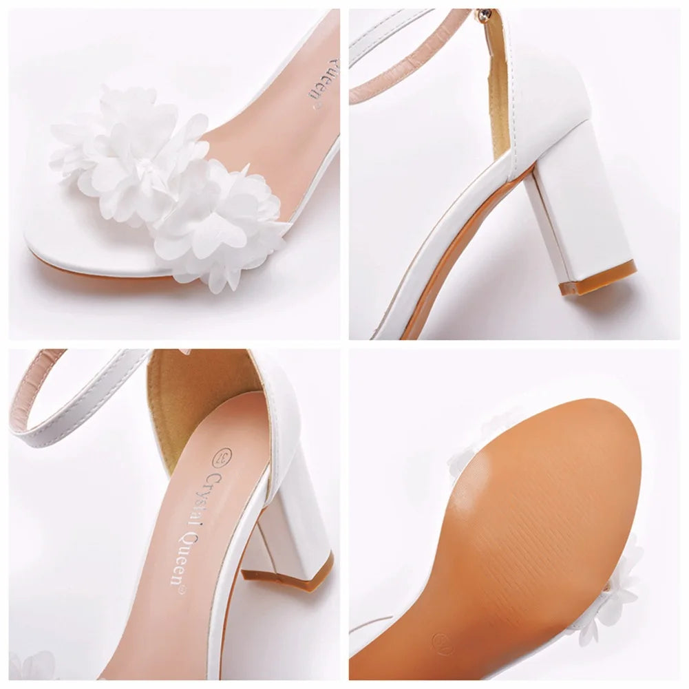 Flower Band Bridesmaide Shoes Woman Wedding High Heels Sandals Ankle Strap Wedges Cover Heeled Tacones Ladies Office Dress Pumps