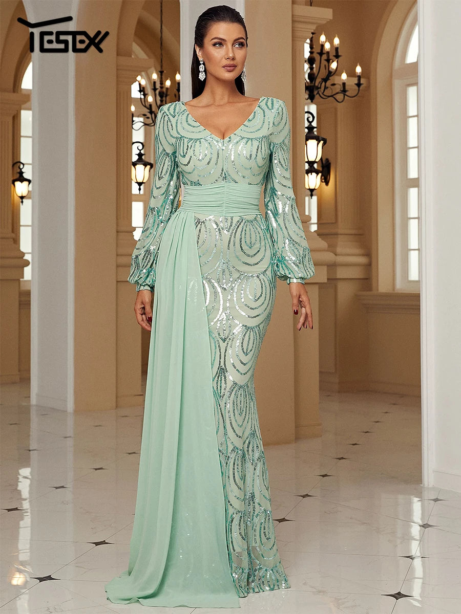 Yesexy Women’s Winter Long Sleeve Sequin Evening Dress - V-Neck Skinny Gown