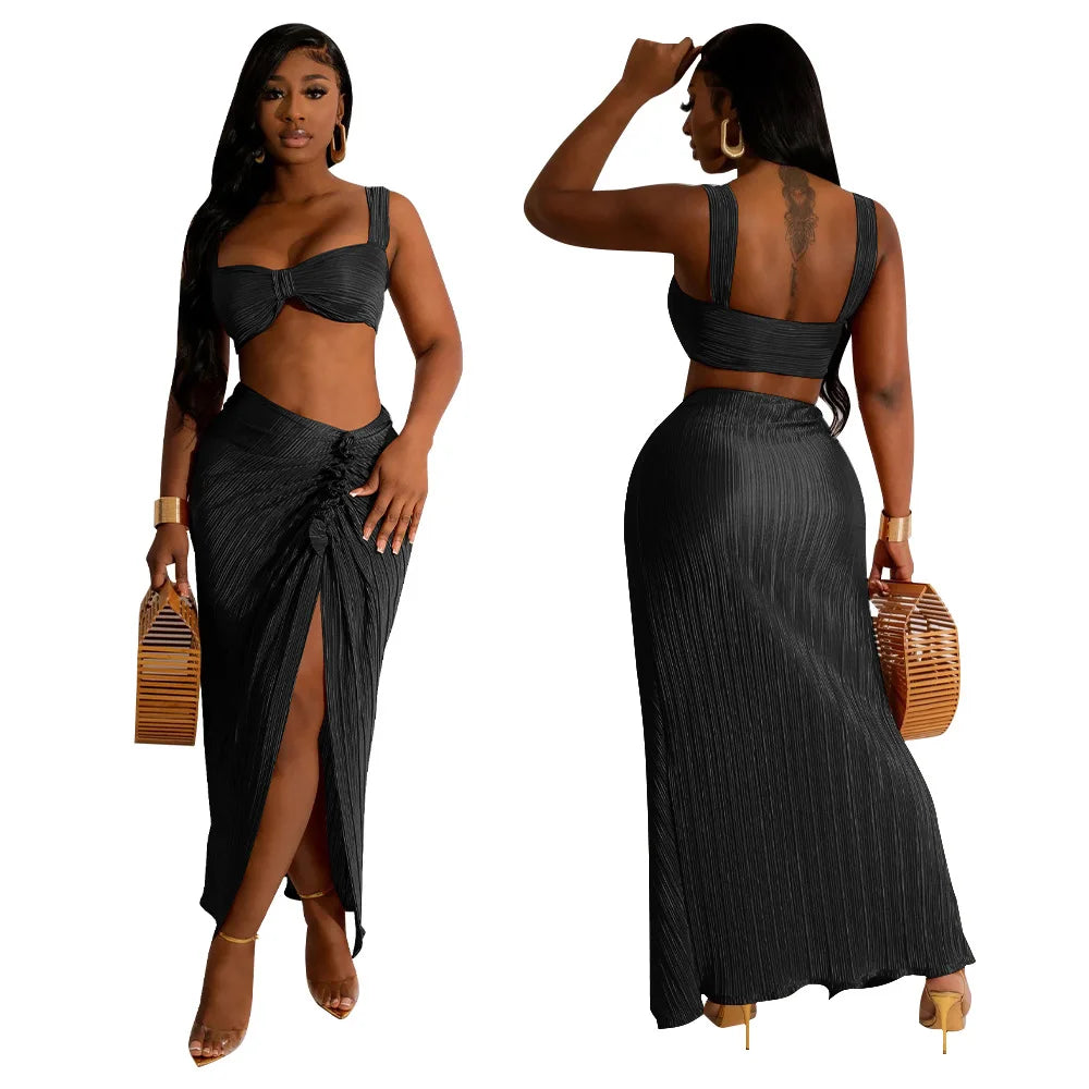 Summer Dresses for Women Two Pieces Set Sexy Backless Halter Top and High Waist Side Slit Pleated Skirt Matching Lady Streetwear