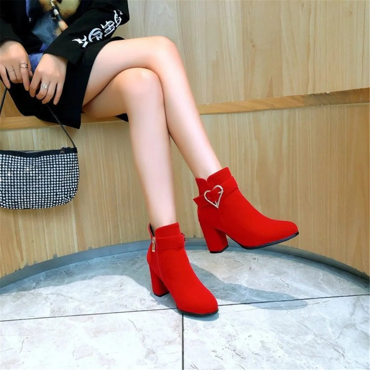 Women's Chunky Heeled Ankle Boots, Solid Color Side Zipper High Heels, Stylish Short Boots