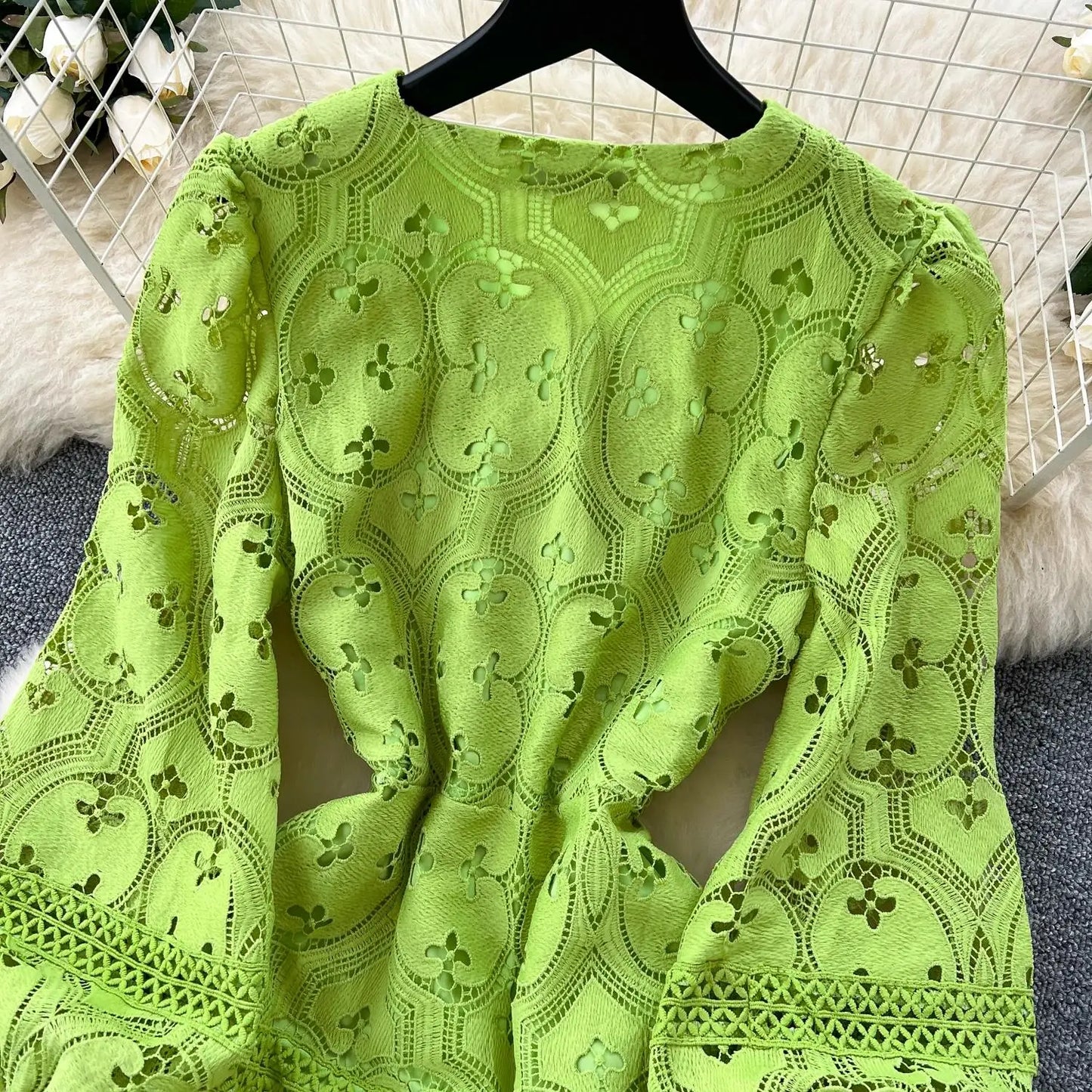 Spring French Vacation Fashion Dress Women Buttons Hook Flower Hollow Out Design 2025 High Quality Lace Ruffles Long Dress