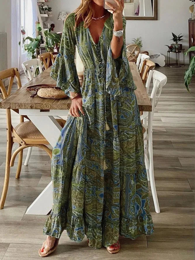 Spring Autumn Fashion Women's Dress Bohemian Style Retro Printed V-neck High Waist Bell Sleeve Loose Casual Floral Long Dress