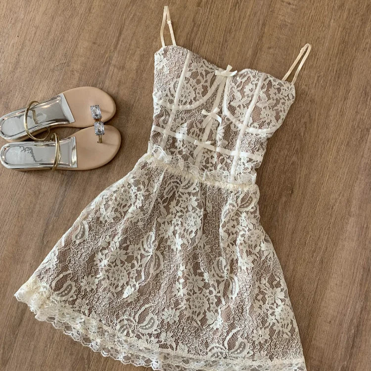 Spring Sleeveless Lace Dress Women Elegant Spaghetti Strap Slim Fit Floral Lace Party Dress Sexy Chic Casual Dress Outfit 2025