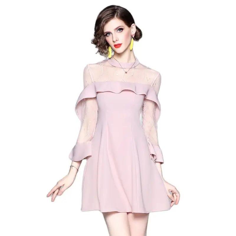 Spring and summer 2023 new women's mesh splicing Ruffle Dress celebrity perspective sheath dresses butterfly sleeve cloth