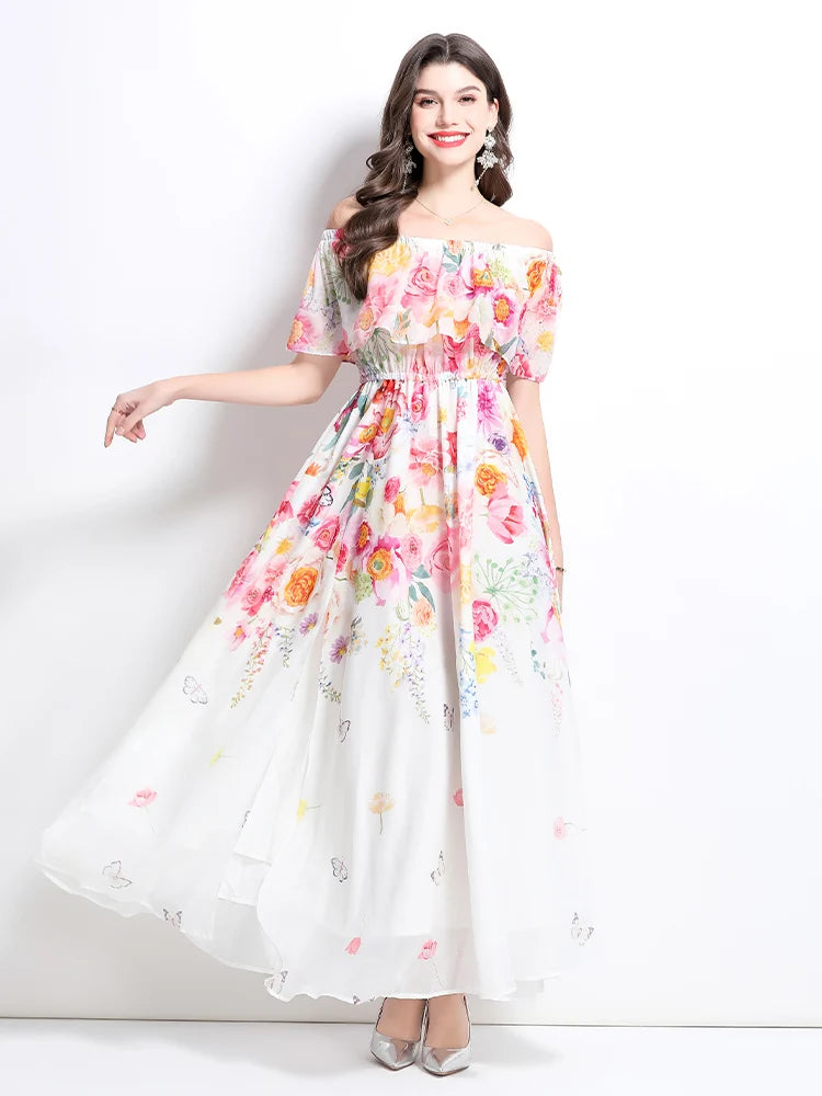 Summer French Floral Chiffon Dress Women Off Shoulder Slim High Quality Sheer Elastic Spring Vacation Print Ruffles Long Dresses