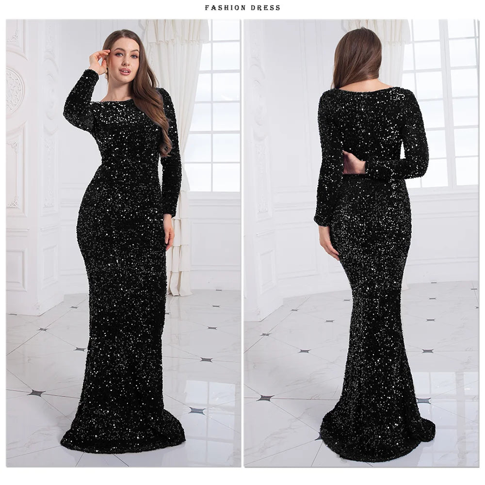 Romagic Elegant Women Modest Stretch Sequin Royal Blue Wedding Prom Gown Long Sleeves Mermaid Formal Evening Party Dress 2025