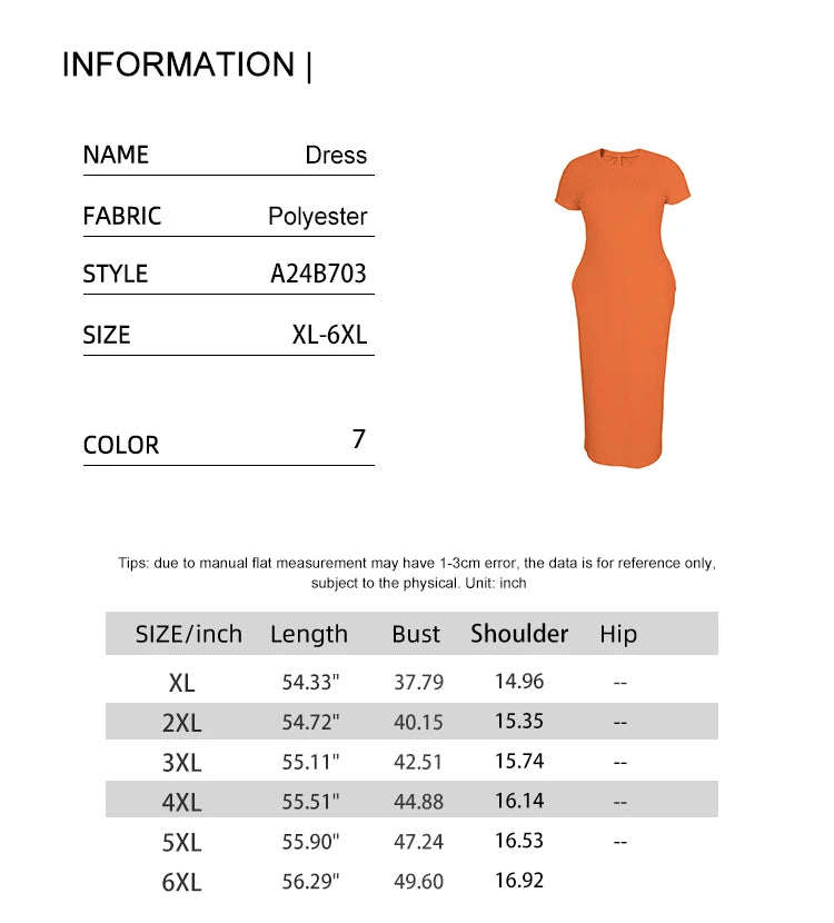 Plus Size 2024 Summer New Round Neck Short Sleeve Slim Hottie Ladies' Stylish Summer Solid Versatile Bodycon Dress