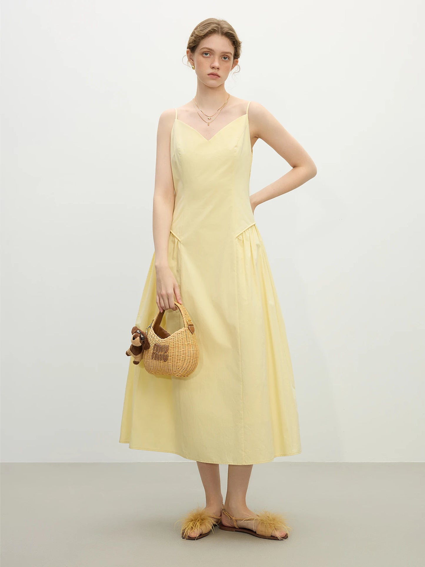 FSLE【4 Colors】Women Spring Strappy Dress 100% Cotton Temperament Simple A-LINE Dresses 2025 Spring White Dress 25FS11073