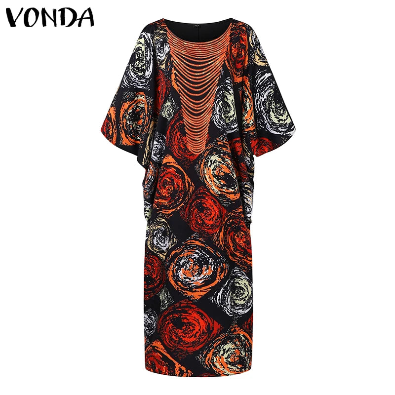 Plus Size VONDA Women Foral Printing Bohemian Maxi Dress 2025 Causal Puff Sleeve Sundress Holiday Eelgant Vestido NO Tassel