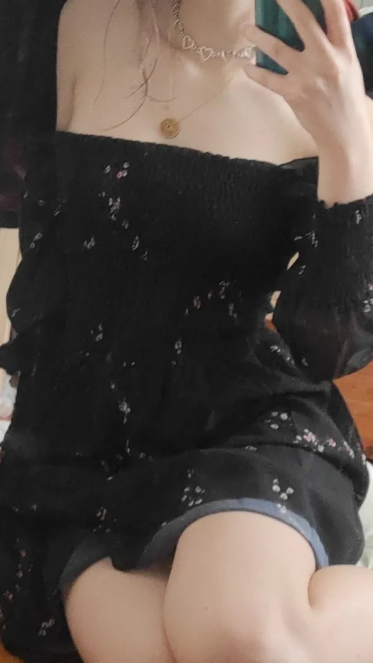 Spring Womens Sexy Black Dress Vintage Flower Long Puff Sleeve Chiffon Dresses Korean Casual Mini Vestidos Mujer Clothes 13676