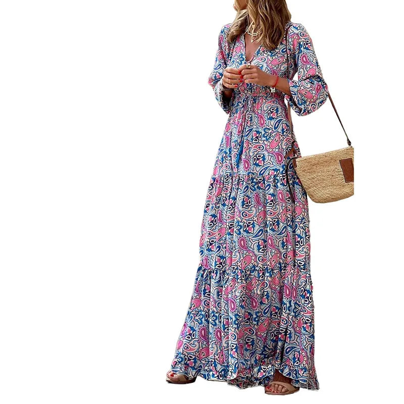 Elegant Women's Flower Long Dresses 2024 Spring New Bohemian Printed Dress Abıye Kadın Abiye Платье Robe Ete Femme Vestidos