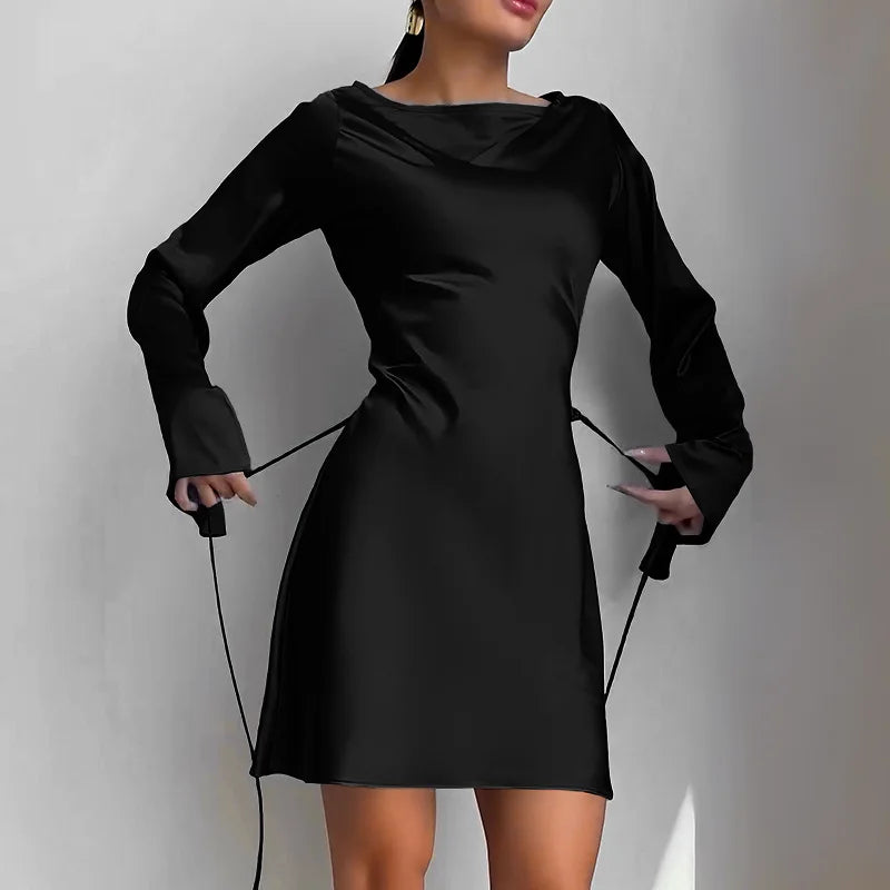Satin Dress for Women Fashion Vintage Streetwear Dresses Solid Slim Long Sleeve Lace Up Mini Autumn Winter Dresses