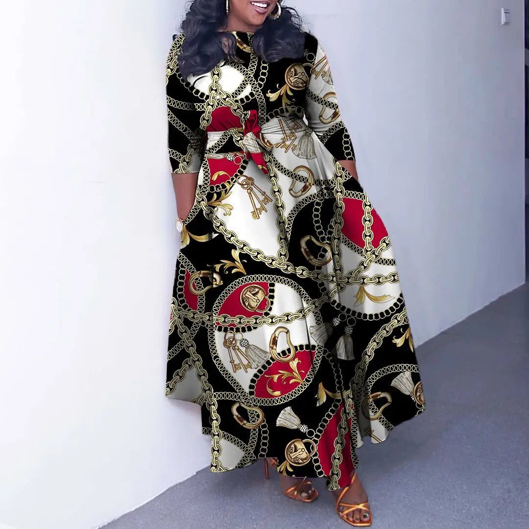 Women's 2024 Autumn New Style Fashionable Elegant Temperament Fashionable Printed Strap Waist Large Skirt Large Size Dress