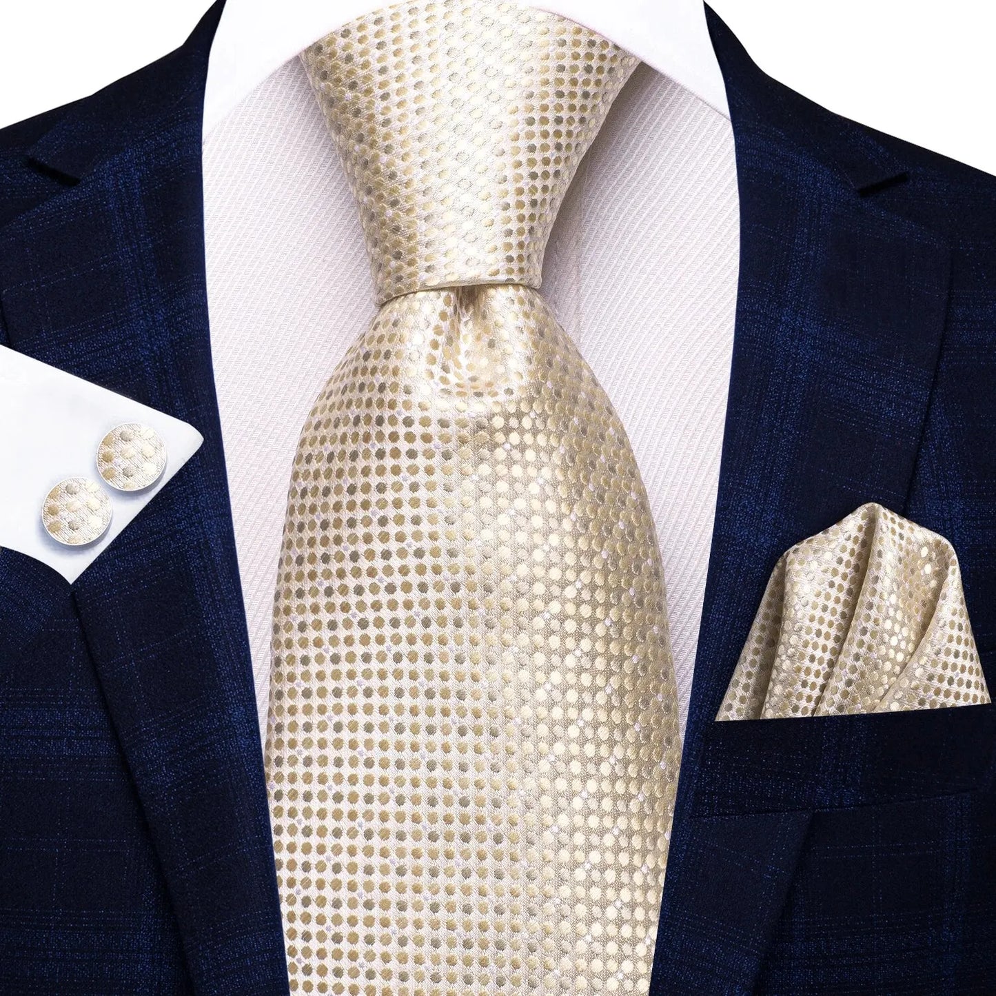 Hi-Tie Champagne Gold-color Silk Mens Elegant Ties Fashion Mens Necktie Pocket Square Cufflinks Set Business Party Wedding