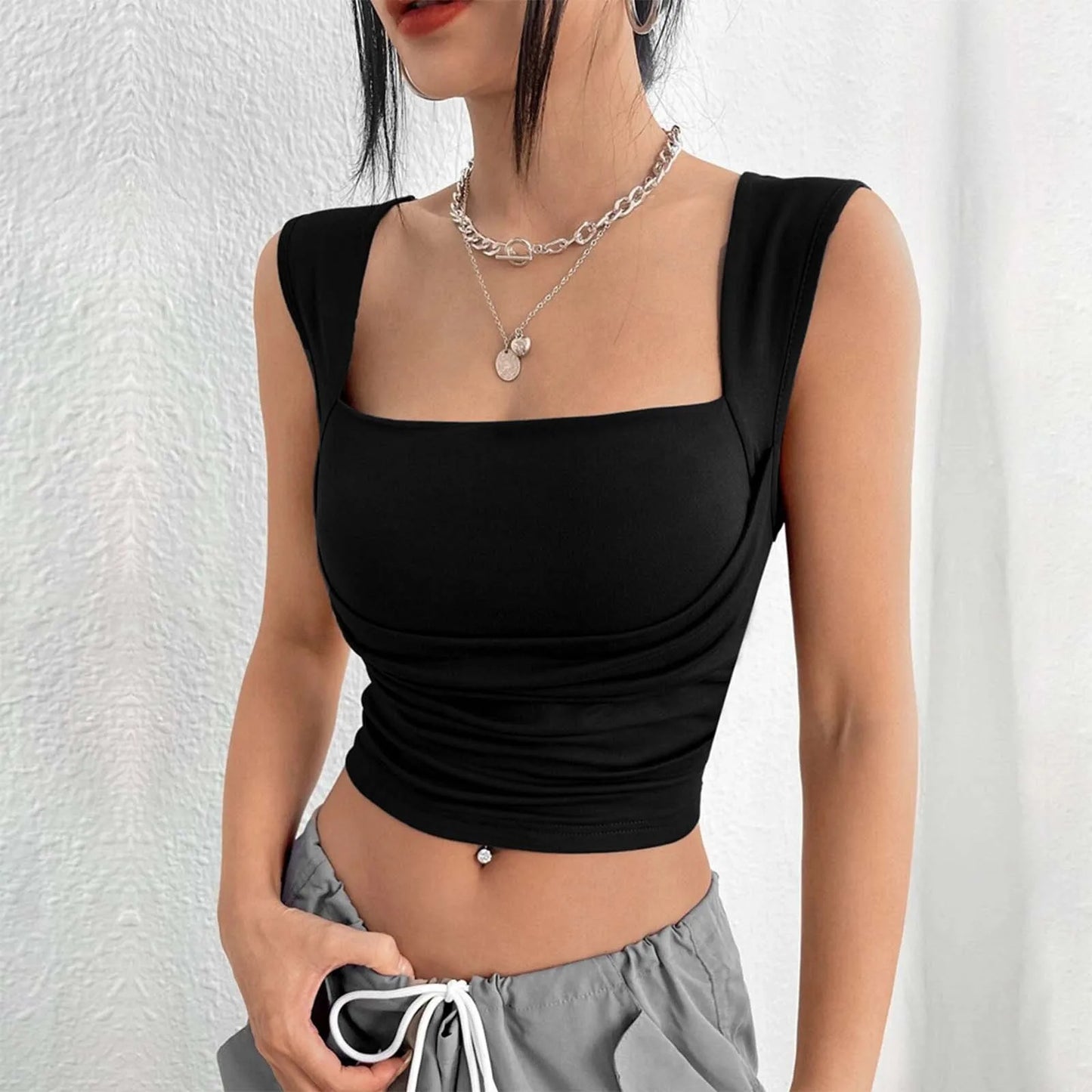 Korean Fashion Tank Crop Tops Women's Slim Fit Short Sexy Blouse Solid Square Neck Push Up Camisole Streetwear Y2k Tops футболка