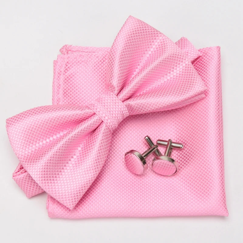 Multicolor Bowtie Pocket Square Cufflinks Sets Classic Solid Color Bowtie Wedding Party Formal Gift Plaids Adjust Neck Bow Tie