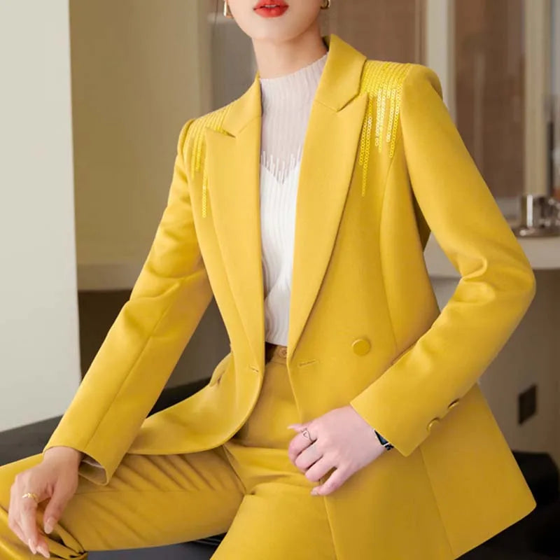 Yitimuceng Solid Office Wear Women 2 Piece Sets 2025 New Fashion Sequins Long Sleeve Blazers Chic High Waist Flare Pants Suits