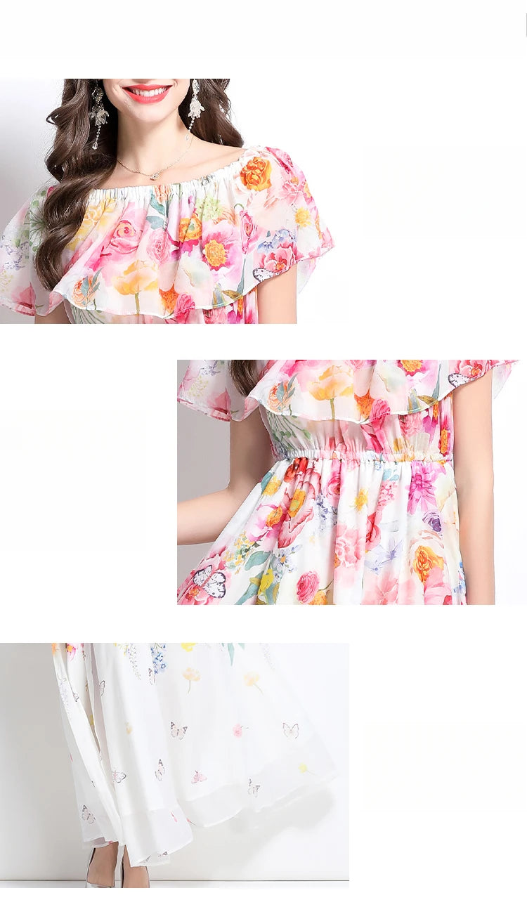 Summer French Floral Chiffon Dress Women Off Shoulder Slim High Quality Sheer Elastic Spring Vacation Print Ruffles Long Dresses
