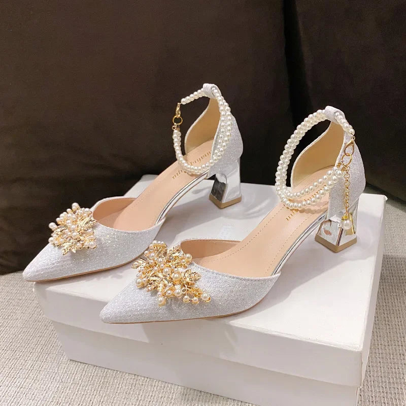 Ladies Shoes on Sale Fashion Pointed Metal Beaded Solid Women's High Heels Summer Leisure Banquet Women Wedding Pump 2024