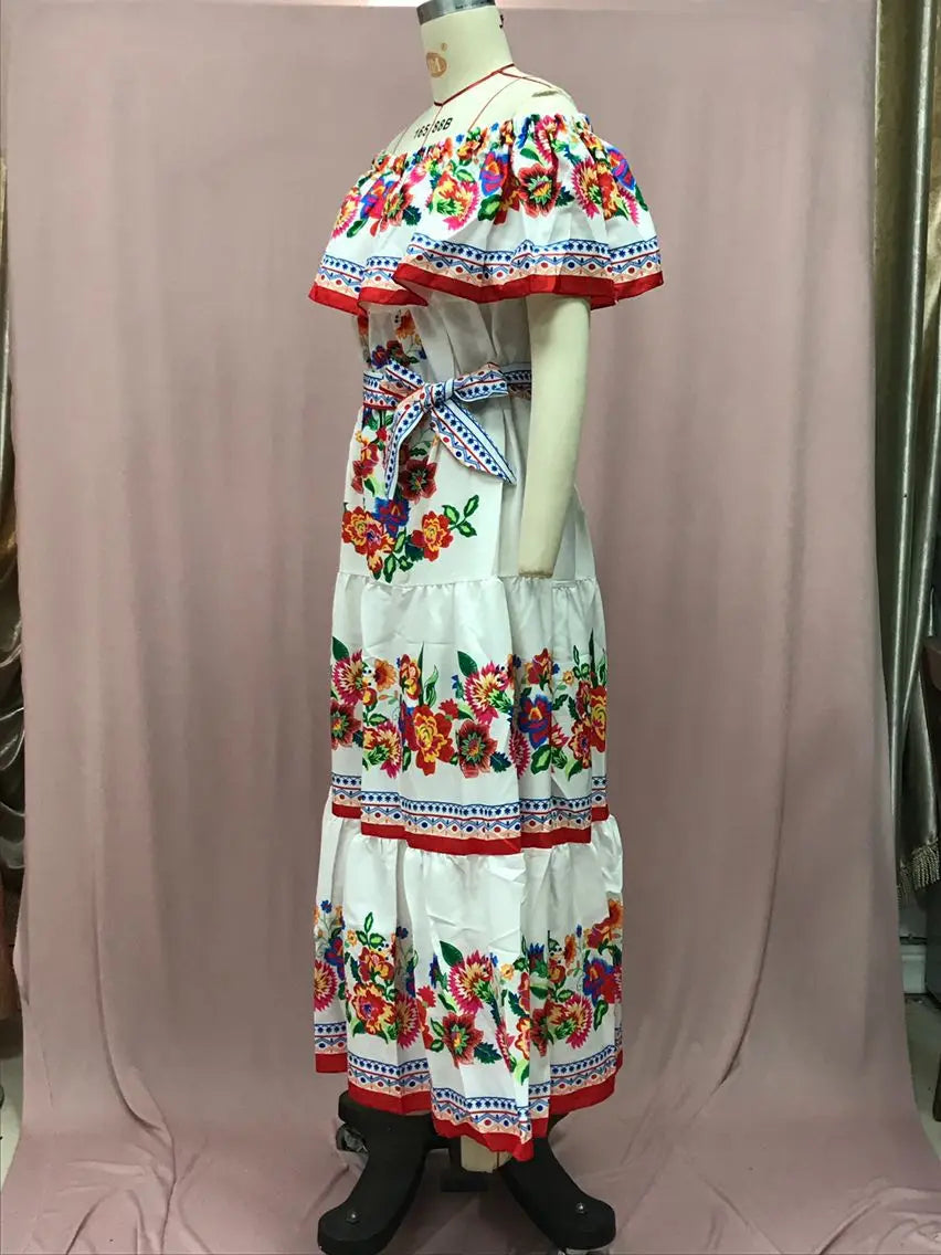2024 Spring Summer Women's New Sexy One Shoulder Off Shoulder Fashion Red Flower Printed Lace Up Waist Long Swing Dress