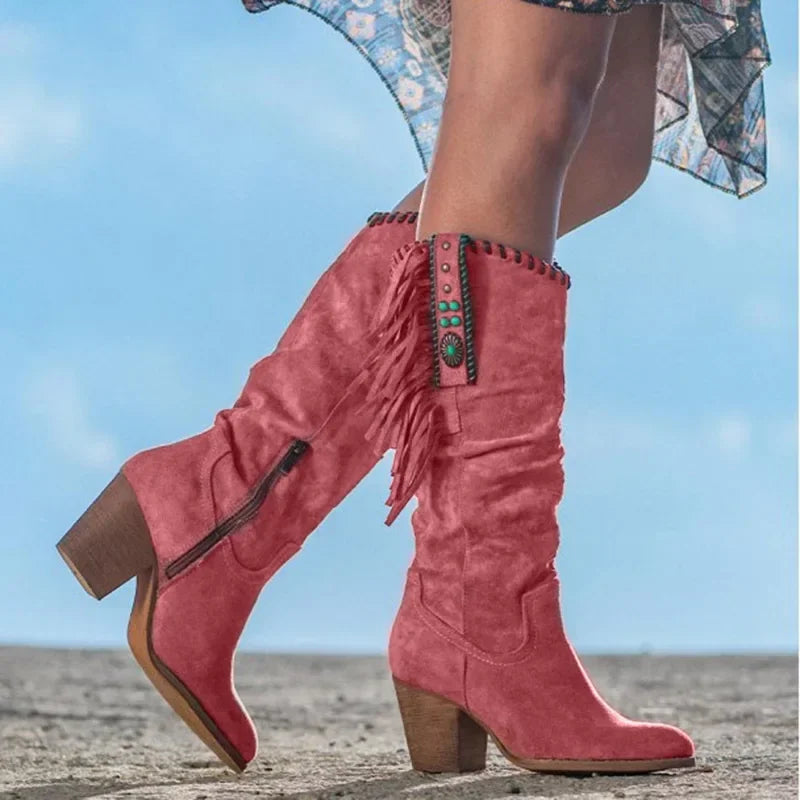 Women High Boots Trend Retro Metal Buckle Pointed Toe Thick Heel Tassle Western Cowboy Boots Female Shoes Botas De Mujer 2024