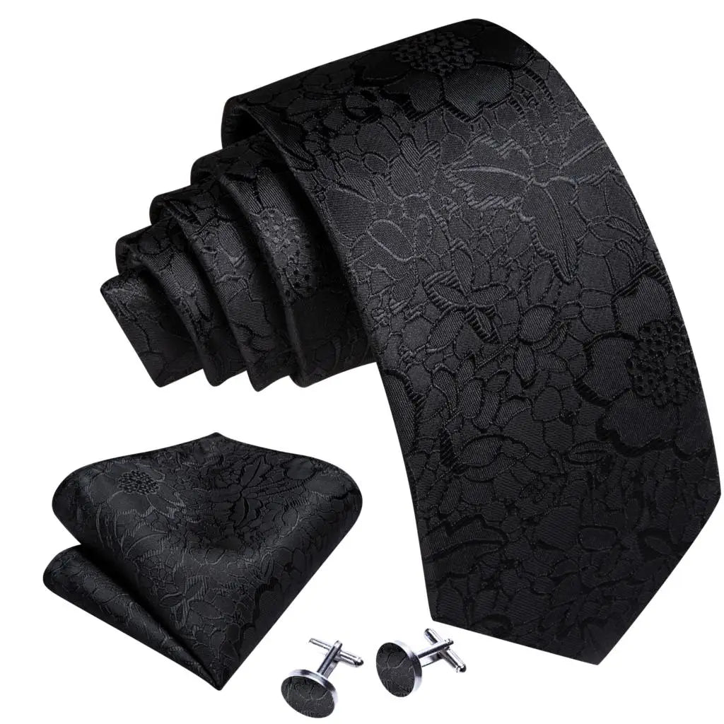 Barry.Wang Black White Gray Silver Silk Men Tie Handkerchief Cufflinks Set Jacquard Necktie for Male Wedding Business Party Gift