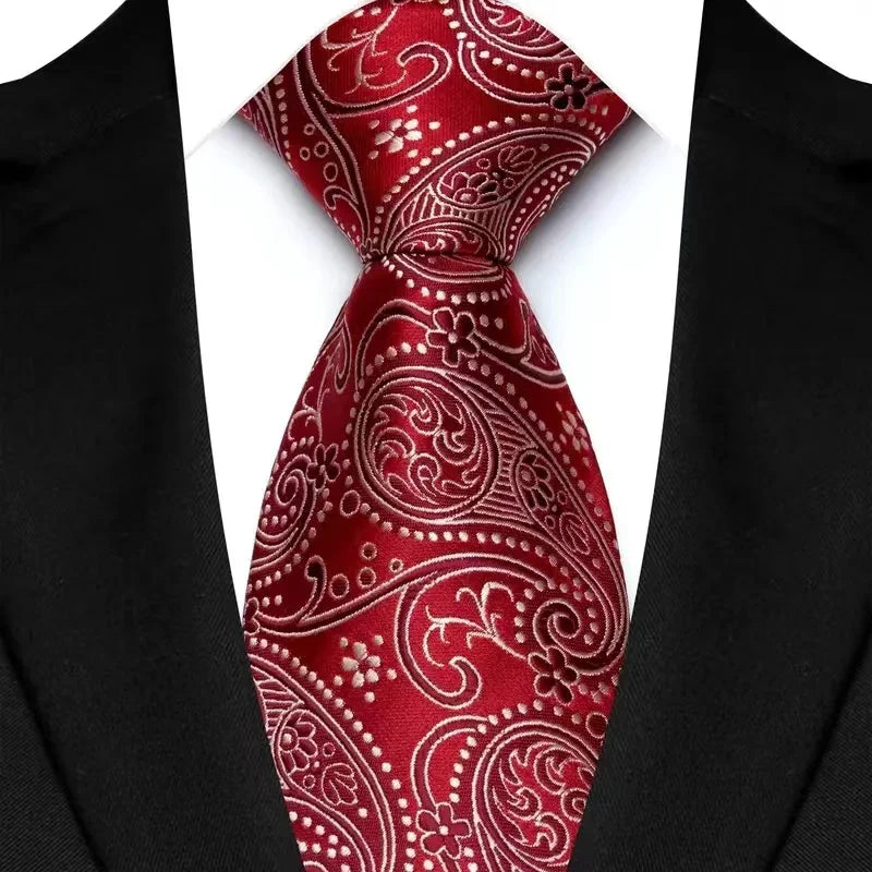 Luxury 8CM Mens Necktie Red Color Solid Stripes Paisley Ties For Man Groom Jacquard Woven Neck Tie For Business Wedding Party