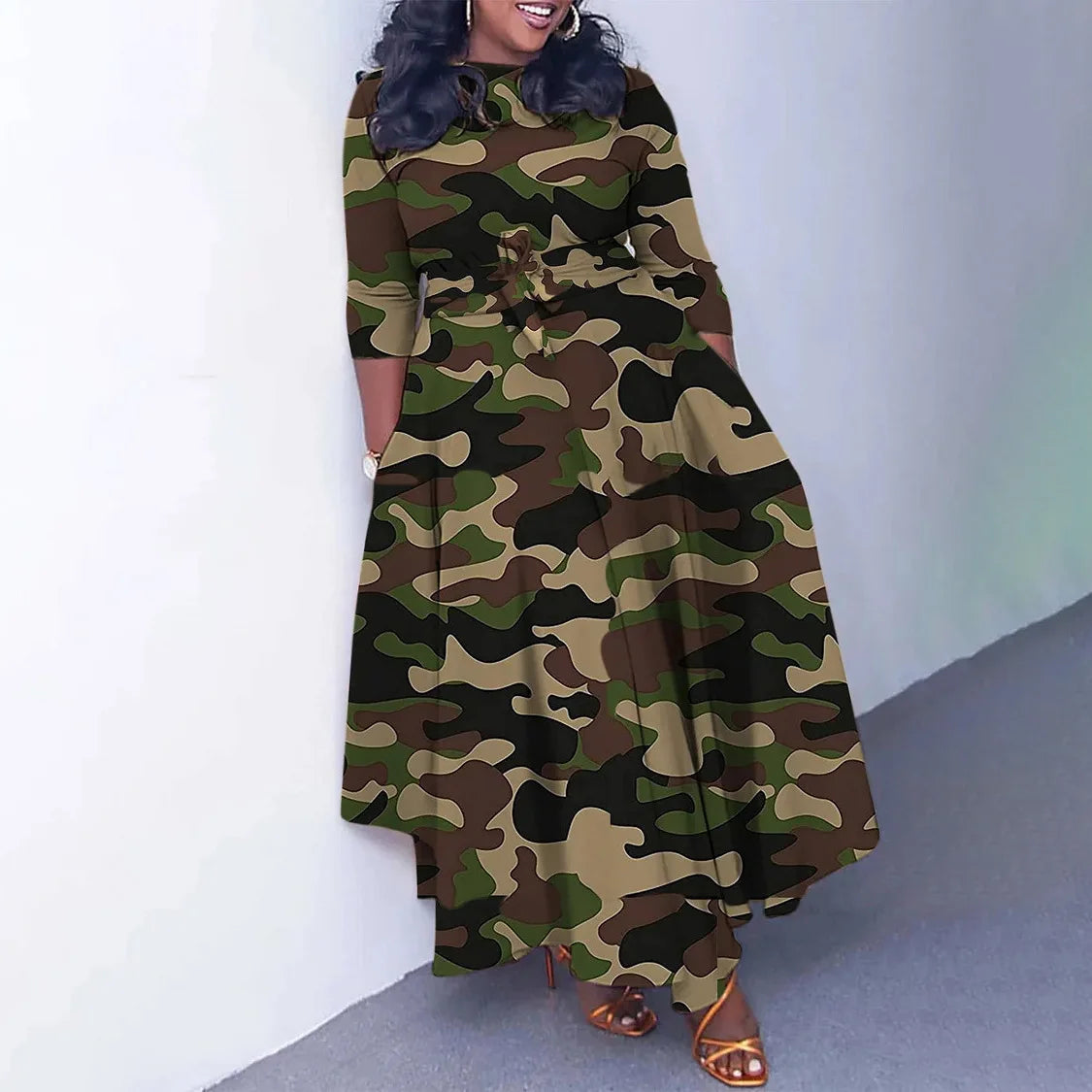 Women's 2024 Autumn New Style Fashionable Elegant Temperament Fashionable Printed Strap Waist Large Skirt Large Size Dress