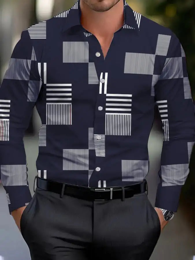 Men's shirt regular lapel shirt men's 3d printing triangle geometric printing casual street long sleeve fashion printed shirt