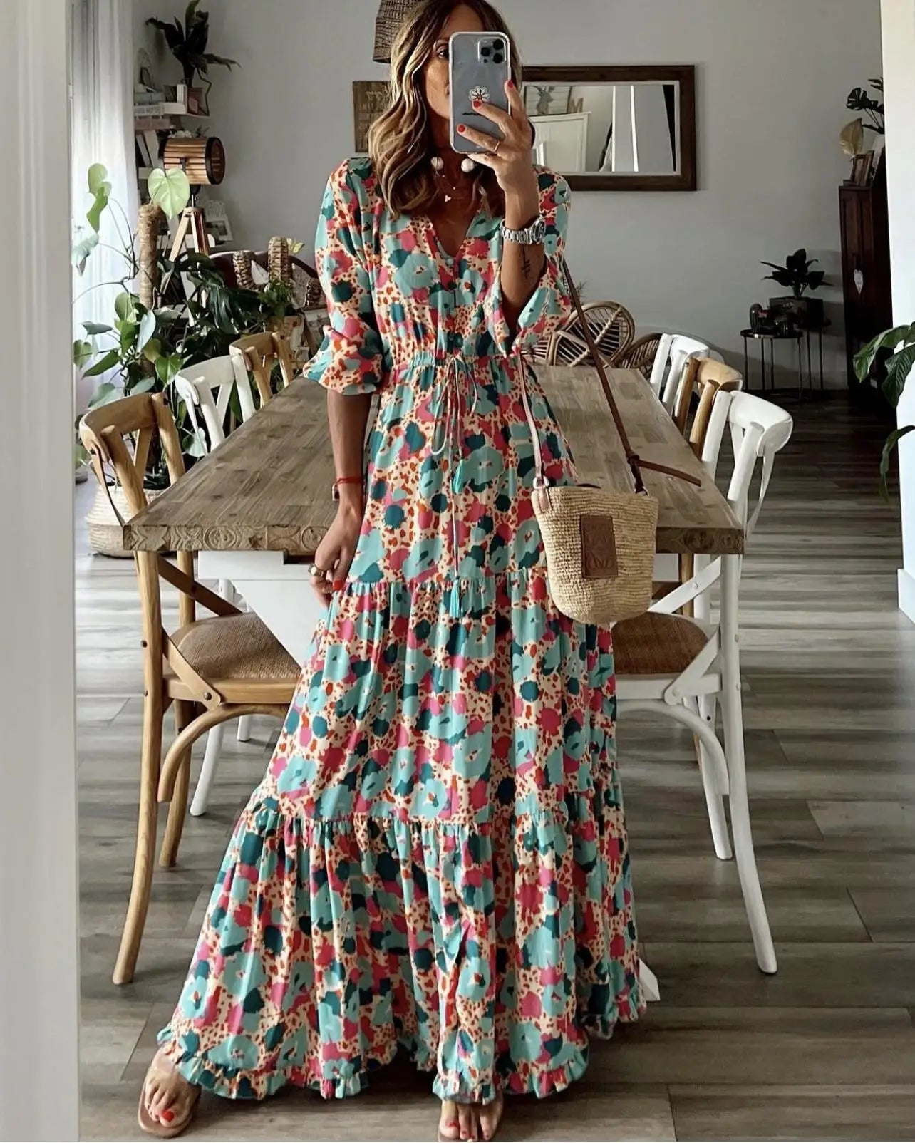 Elegant Women's Flower Long Dresses 2024 Spring New Bohemian Printed Dress Abıye Kadın Abiye Платье Robe Ete Femme Vestidos