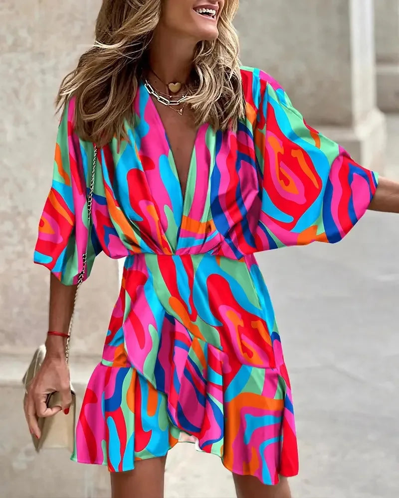 spring Irregular Mini Dress For Women Fashion Print Casual Bohemia Style Vacation Sundress Women's Bat Sleeve Ruffles Dresses