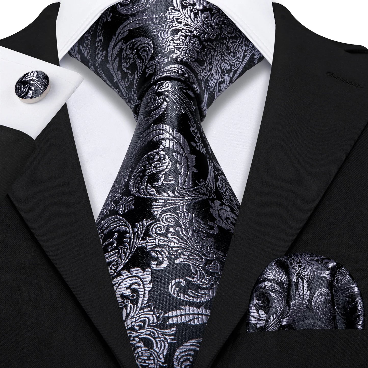 Barry.Wang Black White Gray Silver Silk Men Tie Handkerchief Cufflinks Set Jacquard Necktie for Male Wedding Business Party Gift
