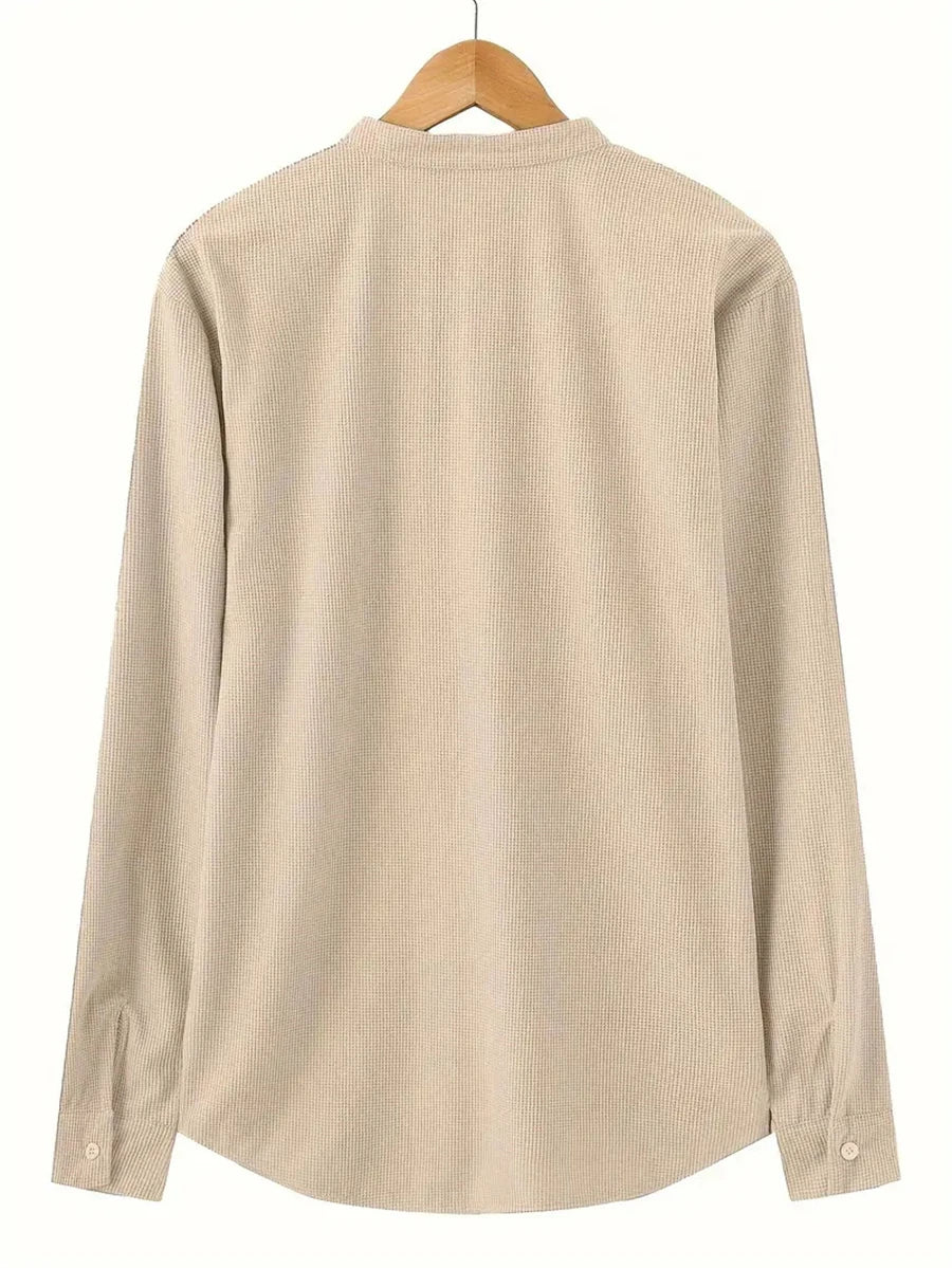 Men's Spring Shirts Solid Color Casual Henry Neck Long Sleeve Outdoor Simple Male Waffle top Thin Button Tops