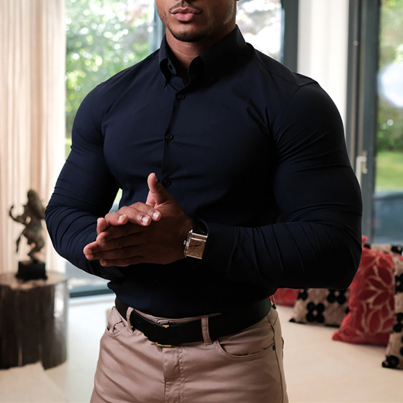 Spring Autumn New Fashion Long Sleeve Shirt Mens Super Slim Fit Luxury Classic Turn-down Single Breasted Business Dress Shirt