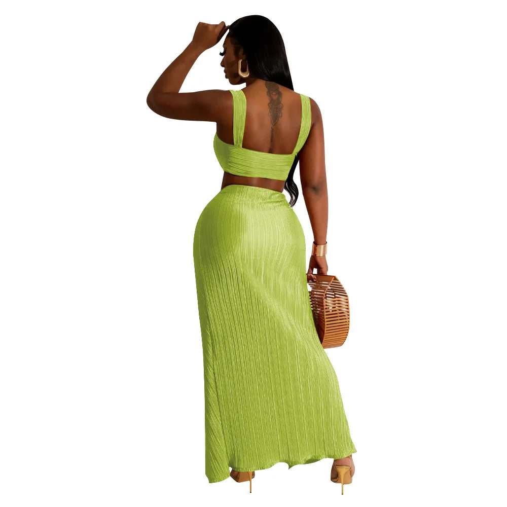 Summer Dresses for Women Two Pieces Set Sexy Backless Halter Top and High Waist Side Slit Pleated Skirt Matching Lady Streetwear