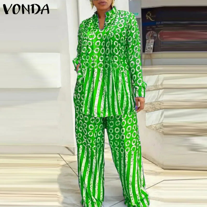 Plus Size 5XL VONDA Women Matching Sets 2024 Fashion Long Sleeve Suits Polka Dot Striped Shirts And Elastic Waist Pant Sets