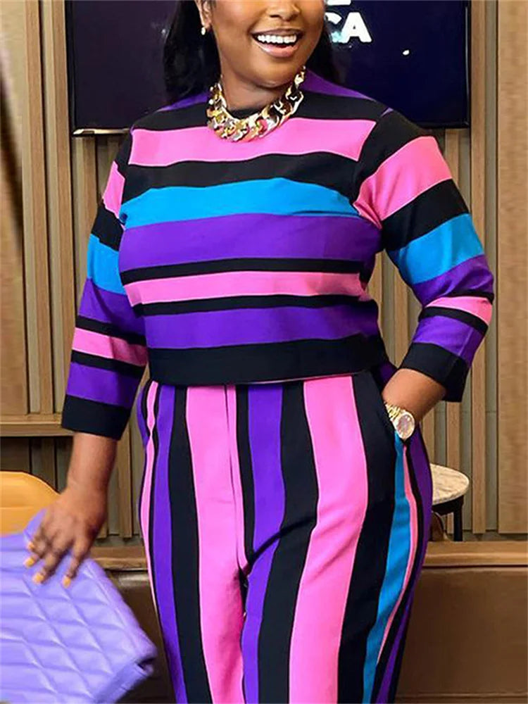 Wmstar Plus Size Two Piece Women Clothing Long Sleeve Crop Top and Pants Sets Striped Matching Set Wholesale Dropshopping 2023