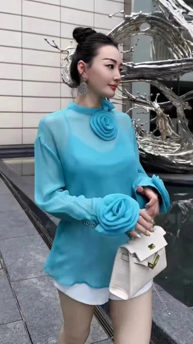 Spring Summer 2024 New Top For Women Two Pieces Design Three-dimensional Flowers Transparent Thin Chiffon Shirt Long Sleeve 4390
