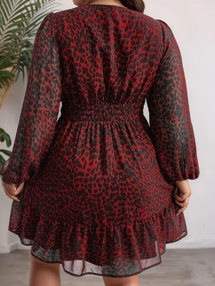 Plus Size 2025 Spring Summer New Women's Sheer Jaguar Printed Double Layers Long Sleeve Dress Polyester Material