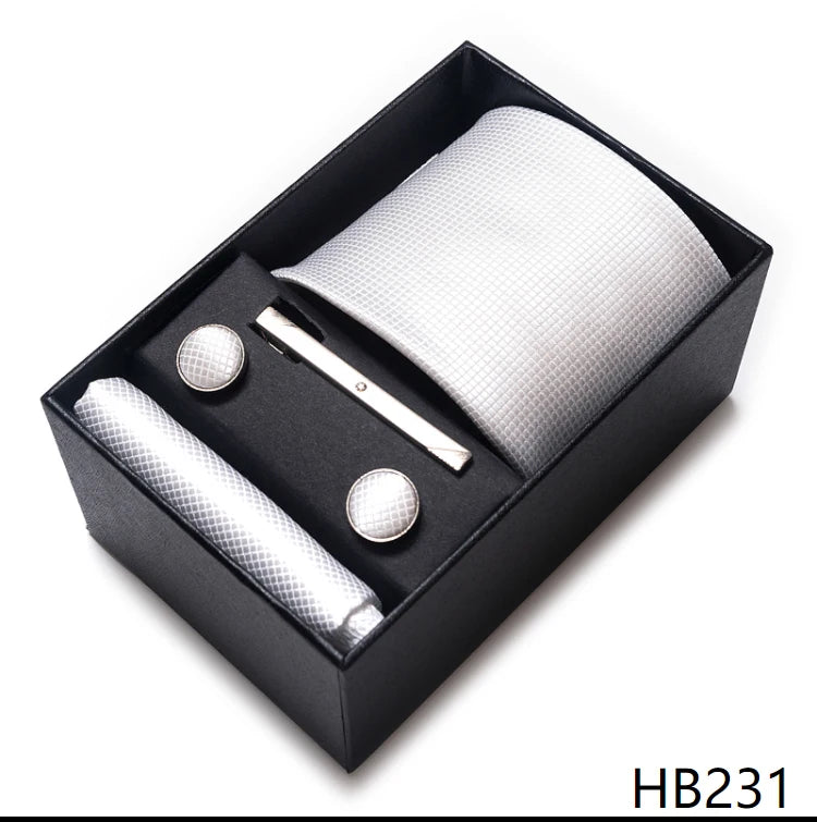 Tie Handkerchief Cufflink Set For Men Necktie Holiday Gift Box Blue Gold Suit Accessories Slim Wedding Gravatas