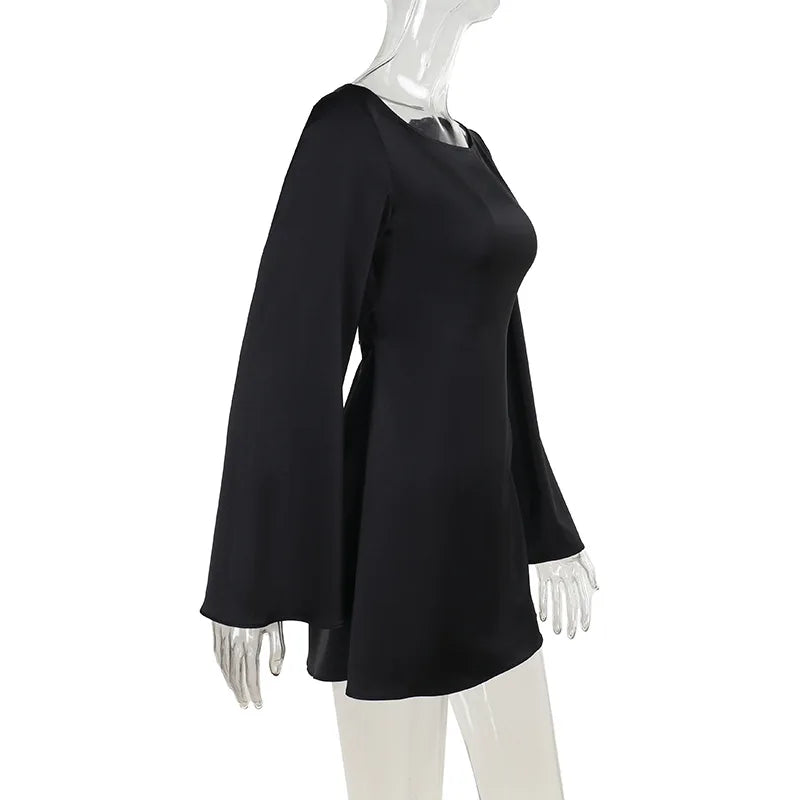 Satin Dress for Women Fashion Vintage Streetwear Dresses Solid Slim Long Sleeve Lace Up Mini Autumn Winter Dresses
