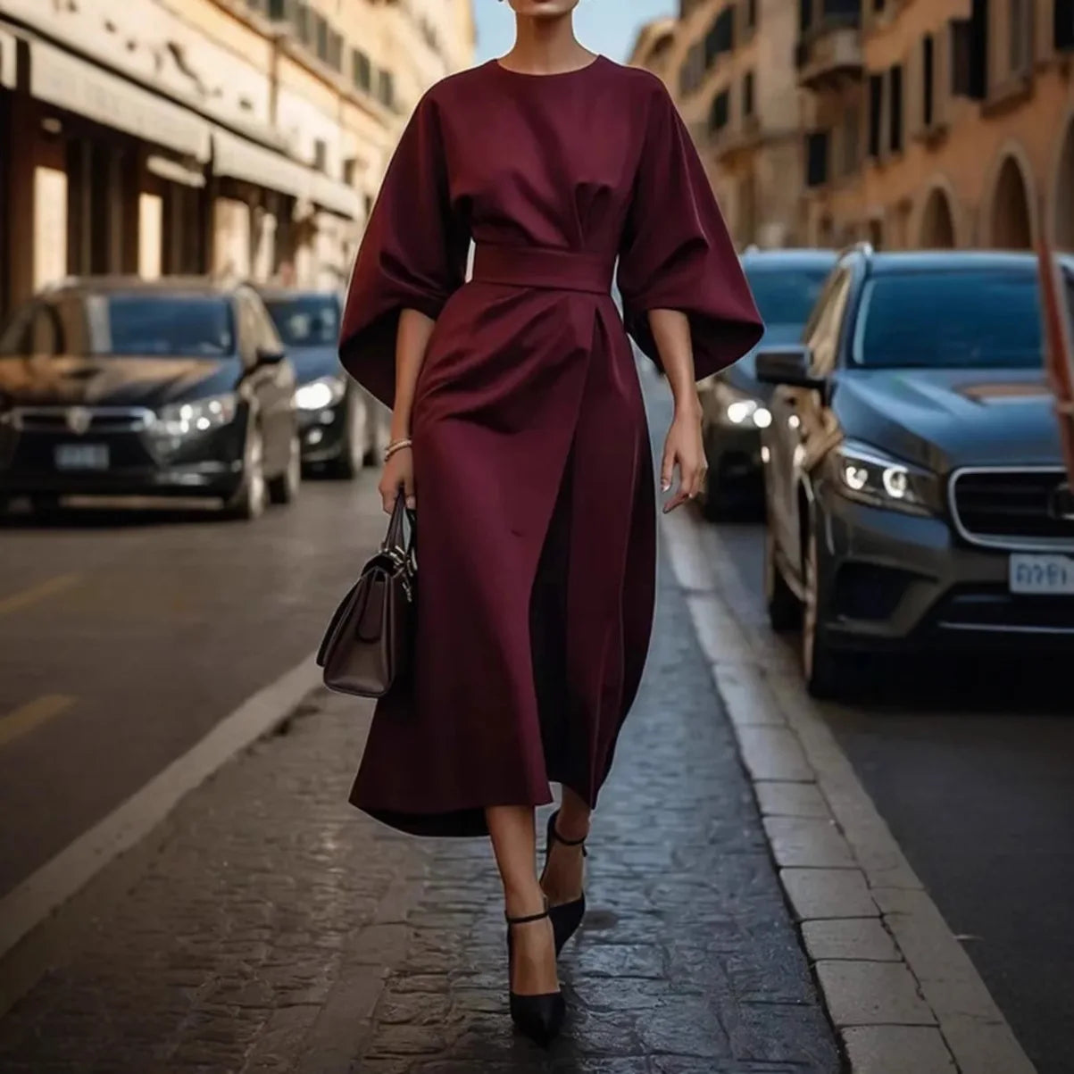 Spring Fashion Solid Color Dress Women Sexy Round Neck Bat Sleeve High Waist Dress Elegant Commuting Dresses for Women Summer