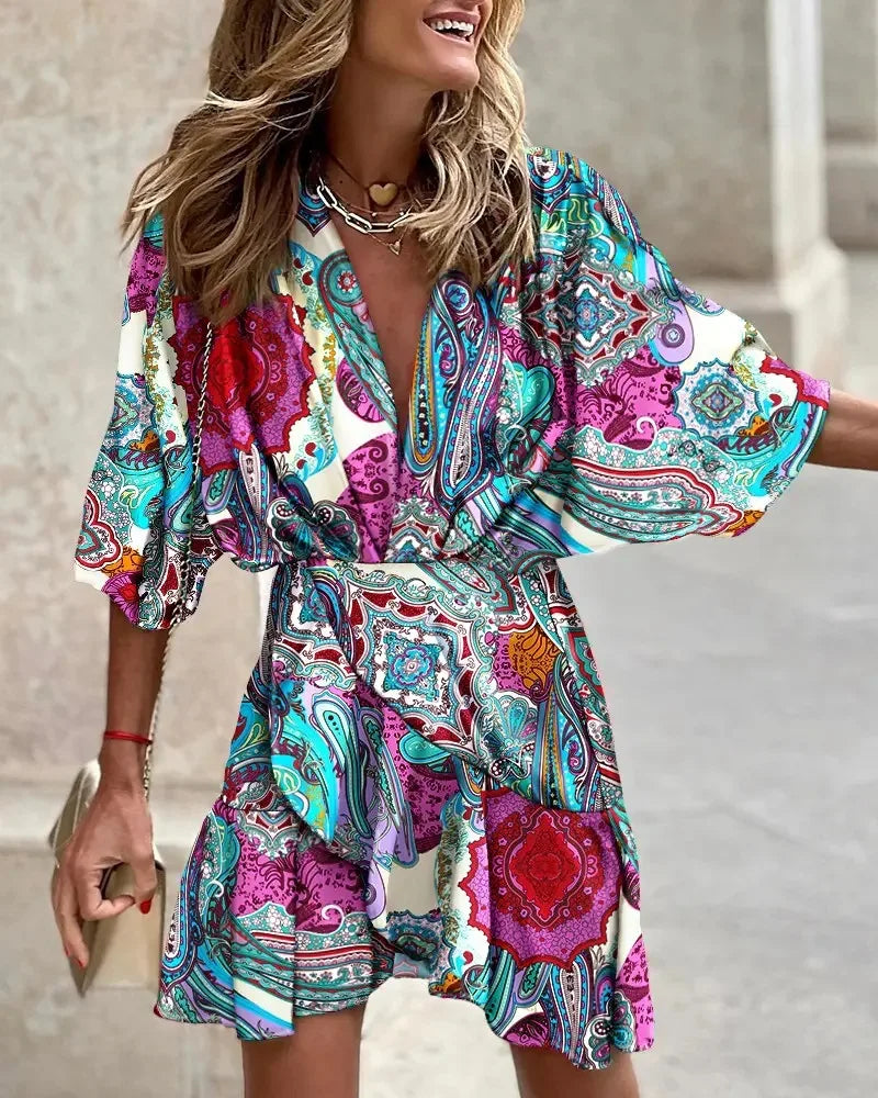 spring Irregular Mini Dress For Women Fashion Print Casual Bohemia Style Vacation Sundress Women's Bat Sleeve Ruffles Dresses