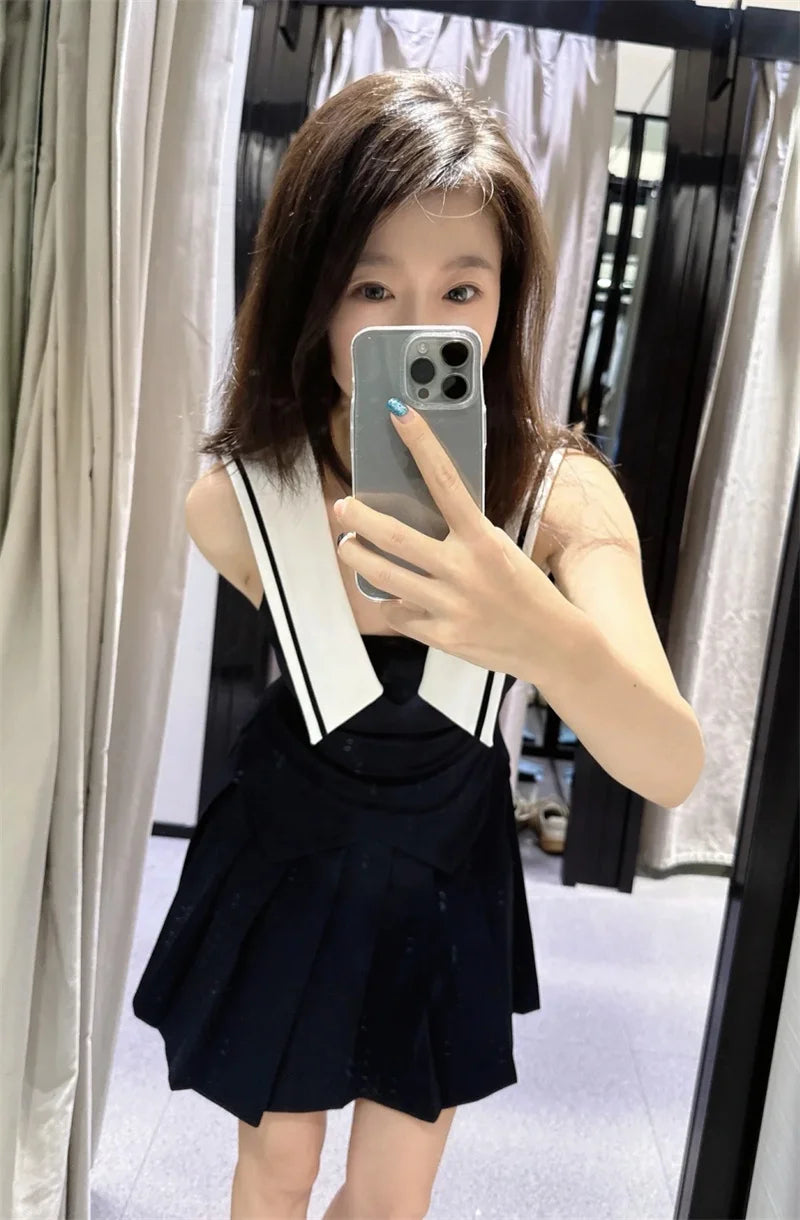 Women's Dresses New Summer 2025 Sailor Suit Style Wide Pleated Cropped Dress Fashionable Color-Blocking Sexy Cute Personality